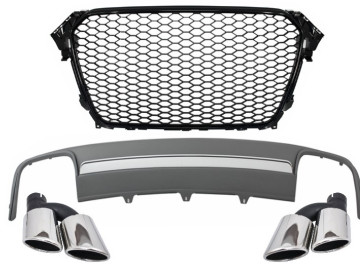 Assembly Central Grille with Rear Bumper Valance Air Diffuser and Muffler Tips suitable for Audi A4 B8 Facelift (2012-2015) Limousine Avant RS Design