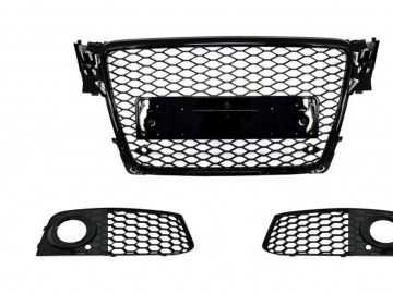 Badgeless Front Grille with Fog Lamp Covers Side Grilles suitable for Audi A4 B8 (2008-2011) RS4 Design Piano Black