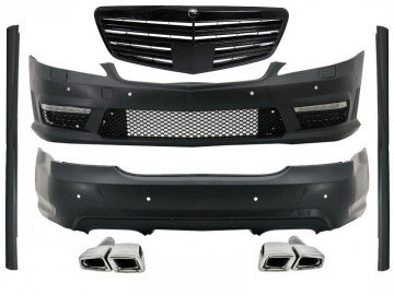 Body Kit LWB suitable for Mercedes S-Class W221 (2005-2011) with Central Grille Piano Black and Exhaust Muffler Tips Tail Pipes