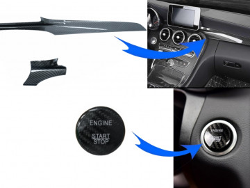 Car Center Console Dashboard Strips Interior Trim with Engine Start Button Cover suitable for Mercedes C-Class W205 (2015-2017) Carbon Fiber Style LHD
