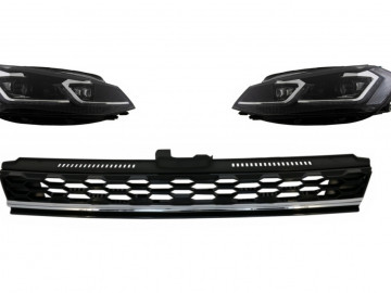 Central Badgeless Grille with LED Headlights Bi-Xenon Sequential Dynamic Turning Lights suitable for VW Golf 7.5 Facelift (2017-up) GTI Design Chrome