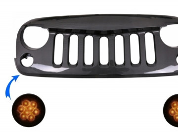 Central Front Grille with LED Amber Turn Signal Light suitable for JEEP Wrangler / Rubicon JK (2007-2017) Angry Bird Design Shiny Carbon Film Coated