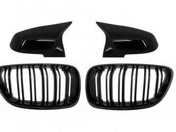 Central Kidney Grilles Double Stripe with Mirror Covers suitable for BMW 2 Series F22 F23 (2014-up) M Design Piano Black