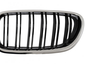 Central Kidney Grilles suitable for BMW 5 Series F10 F11 (2010-2017) Chrome Frame Piano Black Double Stripe