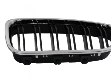 Central Kidney Grilles suitable for BMW 5 Series F10 F11 (2010-2017) Chrome Frame Piano Black Double Stripe