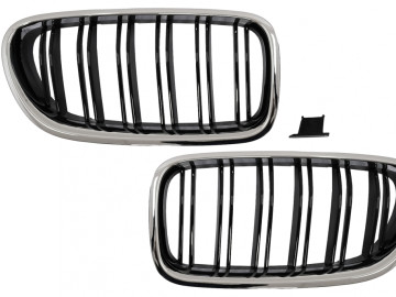 Central Kidney Grilles suitable for BMW 5 Series F10 F11 (2010-2017) Chrome Frame Piano Black Double Stripe