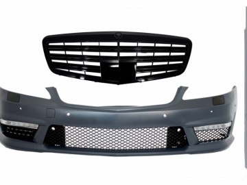 Complete Front Bumper Assembly with Central Grille suitable for MERCEDES Benz S-Class W221 (2005-2010) S63 S65 Design and Side Skirts Short Version