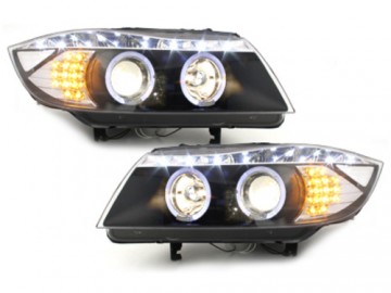 DAYLINE Headlights suitable for BMW E90 E91 05+ 2 Halo Rims Drl Optic LED Black