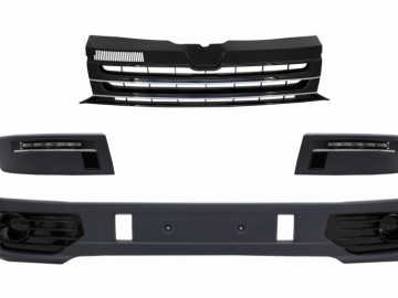 Front Bumper Add-on Spoiler suitable for VW Transporter Multivan Caravelle T5 T5.1 Facelift (2010-2015) with Badgeless Front Debadged Grille Sportline