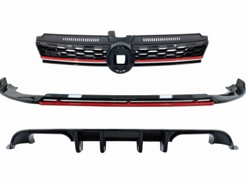 Front Bumper Lip Extension Spoiler with Central Badgeless Grille and Rear Diffuser suitable for VW Golf 7.5 Facelift (2017-2020) Piano Black & Red