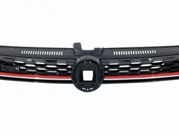 Front Bumper Lip Extension Spoiler with Central Badgeless Grille and Rear Diffuser suitable for VW Golf 7.5 Facelift (2017-2020) Piano Black & Red