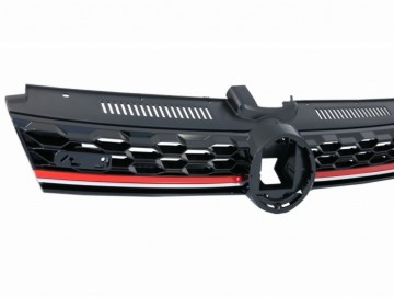 Front Bumper Lip Extension Spoiler with Central Badgeless Grille and Rear Diffuser suitable for VW Golf 7.5 Facelift (2017-2020) Piano Black & Red