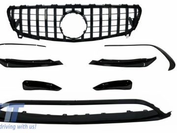 Front Bumper Splitters Fins Aero with Central Grille suitable for Mercedes A-Class W176 Facelift AMG Line (09.2015-2018) Piano Black