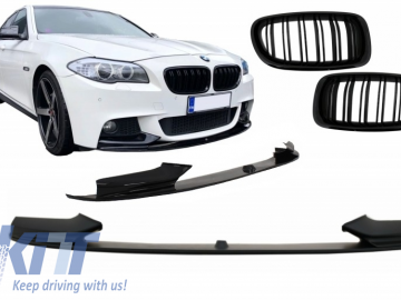 Front Bumper Spoiler Lip suitable for BMW 5 Series F10 F11 Sedan Touring (2011-2017) M-Performance Design With Double Stripe Piano Black Kidney Grille