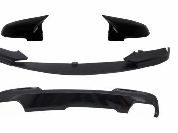 Front Bumper Spoiler Lip with Mirror Covers and Double Outlet Air Diffuser Piano Black suitable for BMW 5 Series F10 F11 Sedan Touring (2015-2017) M-P