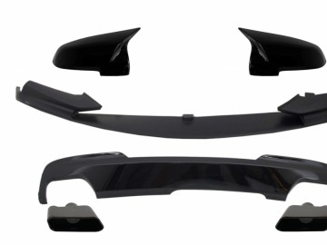 Front Bumper Spoiler Lip with Mirror Covers and Diffuser & Exhaust Muffler Tips Black suitable for BMW 5 Series F10 F11 Sedan Touring (2015-2017) M-P