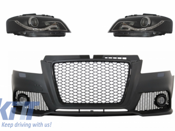 Front Bumper With Fog Lights suitable for AUDI A3 8P 8PA Facelift RS3 Design (2009-2012) and Headlights Drl Optic Black