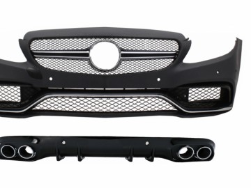 Front Bumper and Rear Bumper Valance Diffuser suitable for Mercedes C-Class C205 A205 Coupe Cabriolet (2014-2019) C63S Design Silver Tips