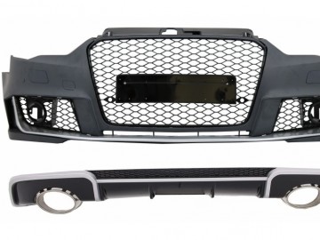 Front Bumper and Rear Bumper Valance Diffuser with Exhaust Tips suitable for AUDI A3 8V (2012-2015) Hatchback Sportback RS3 Design