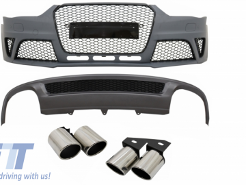Front Bumper suitable for AUDI A4 B8 Facelift (2012-2015) with Rear Bumper Valance Air Diffuser and Exhaust Muffler Tips Tail Pipes RS4 Design