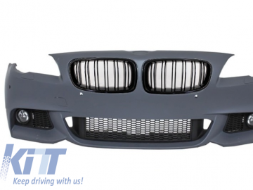 Front Bumper suitable for BMW F10 F11 5 Series (2011-up) M-Technik Design with Kidney Grilles Double Stripe M Design Piano Black