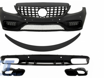Front Bumper suitable for Mercedes C-Class C205 A205 Coupe Cabriolet (2014-2019) with Trunk Boot Spoiler and Rear Bumper Valance Diffuser C63S Design 