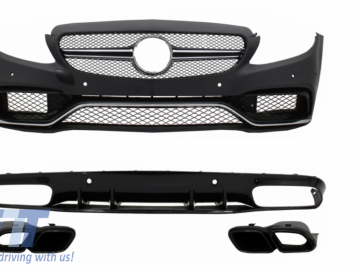 Front Bumper suitable for Mercedes C-Class C205 A205 Coupe Cabriolet (2014-2019) with Rear Bumper Valance Diffuser C63S Design All Black