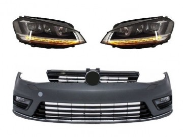 Front Bumper suitable for VW Golf VII 7 2013-2017 Rline Look with Headlights 3D LED DRL FLOWING Dynamic Sequential Turning Lights Silver