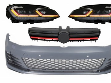 Front Bumper suitable for VW Golf VII 7 5G (2013-2017) GTI Look with RHD LED Headlights Sequential Dynamic Turning Lights and Central Grille