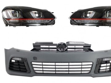 Front Bumper suitable for VW Golf VI 6 (2008-2013) R20 Look with Headlights 3D LED DRL U-Design LED Flowing Turning Light Red Stripe GTI