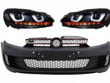 Front Bumper suitable for VW Golf VI 6 (2008-2013) GTI Look with Headlights Golf 7 3D LED DRL U-Design LED Flowing Turning Light Red Stripe GTI RHD