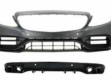 Front Bumper with Diffuser Double Outlet and Exhaust Tips suitable for Mercedes C-Class A205 Cabriolet C205 Coupe (2014-2019) C63 Design Piano Black