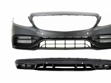 Front Bumper with Diffuser and Black Tips suitable for MERCEDES C-Class W205 S205 AMG Sport Line (2014-2020) C63S Design