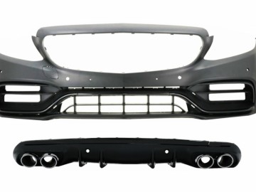 Front Bumper with Diffuser and Exhaust Muffler Tips suitable for Mercedes C-Class W205 Sedan S205 Estate AMG Sport Line (2014-2020) C63 Design