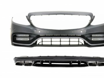 Front Bumper with Diffuser and Silver Tips suitable for MERCEDES C-Class W205 S205 AMG Sport Line (2014-2020) C63S Design