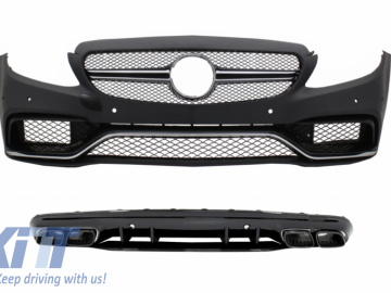 Front Bumper with Diffuser and Black Tips suitable for MERCEDES C-Class W205 S205 (2014-2020) Only for AMG Sport Line