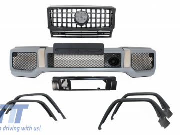 Front Bumper with Fender Flares Wheel Arches and Front Grille All Piano Black suitable for MERCEDES Benz G-Class W463 (1990-2014) G65 AMG Design