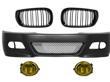 Front Bumper with Fog lights suitable for BMW E46 (98-04) M3 Look and Central Kidney Grilles Double Stripe M Design Piano Black