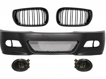 Front Bumper with Fog lights suitable for BMW E46 (98-04) M3 Look and Central Kidney Grilles Double Stripe M Design Piano Black