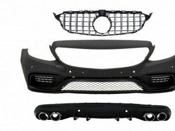Front Bumper with Grille Chrome and Diffuser & Exhaust Muffler Tips suitable for MERCEDES C-Class W205 S205 (2014-2018) C63 Design