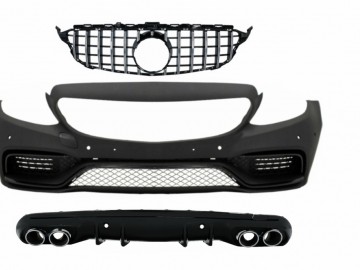 Front Bumper with Grille Chrome Without Camera and Diffuser & Exhaust Muffler Tips suitable for MERCEDES C-Class W205 S205 (2014-2018) C63 Design