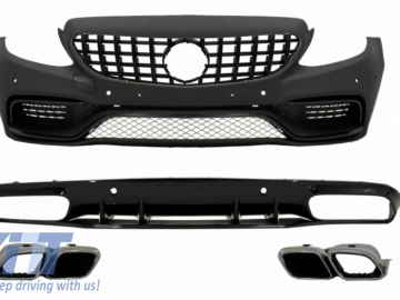 Front Bumper with Grille GT-R Panamericana suitable for Mercedes C-Class C205 A205 Coupe Cabriolet (2014-2019) and Rear Bumper Valance Diffuser C63S D