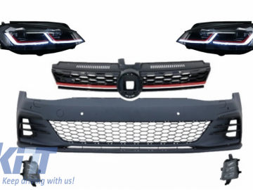 Front Bumper with Grille LED Fog Lights suitable for VW Golf VII 7.5 (2017-Up) and LED Headlights Sequential Dynamic Turning Lights GTI Look