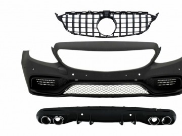 Front Bumper with Grille and Diffuser & Muffler Tips Chrome suitable for MERCEDES C-Class W205 S205 AMG Sport Line (2014-2018) C63 Design