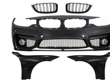 Front Bumper with Grilles Piano Black and Front Fenders Black suitable for BMW 4 Series F32 Coupe F33 Convertible F36 Gran Coupe (2013-02.2017) M4 Des