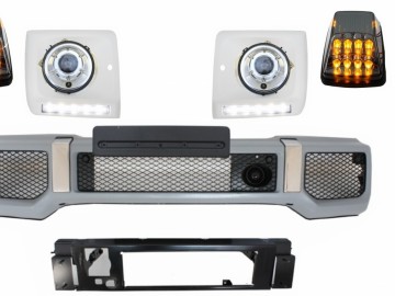 Front Bumper with Headlights Covers LED DRL suitable for Mercedes G-Class W463 (1989-up) Headlights Chrome and Turning Lights G65 Design