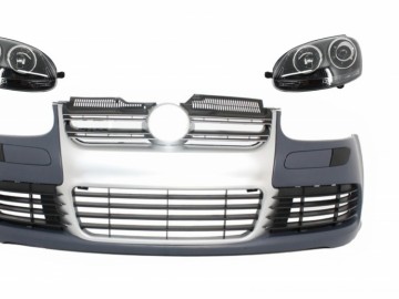 Front Bumper with Headlights suitable for VW Golf V 5 (2003-2007) Jetta (2005-2010) R32 Look Brushed Aluminium Look Grille