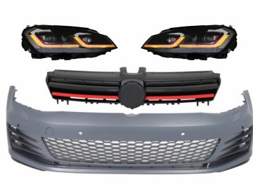 Front Bumper with LED Headlights Sequential Dynamic Turning Lights and Grille Red suitable for VW Golf VII 7 5G (2013-2017) Facelift G7.5 GTI Look