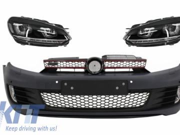 Front Bumper with RHD Headlights LED DRL Flowing Turning Light Chrome suitable for VW Golf VI 6 (2008-2013) GTI U Design