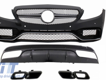 Front Bumper with Rear Diffuser and Exhaust Tips Night Package Black Edition Sport suitable for MERCEDES C-Class W205 S205 (2014-2020) C63 Design